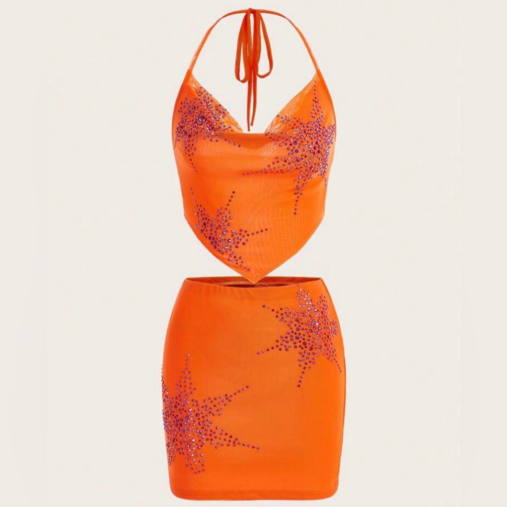 Purple Starburst Rhinestone & Orange Mesh Skirt Set